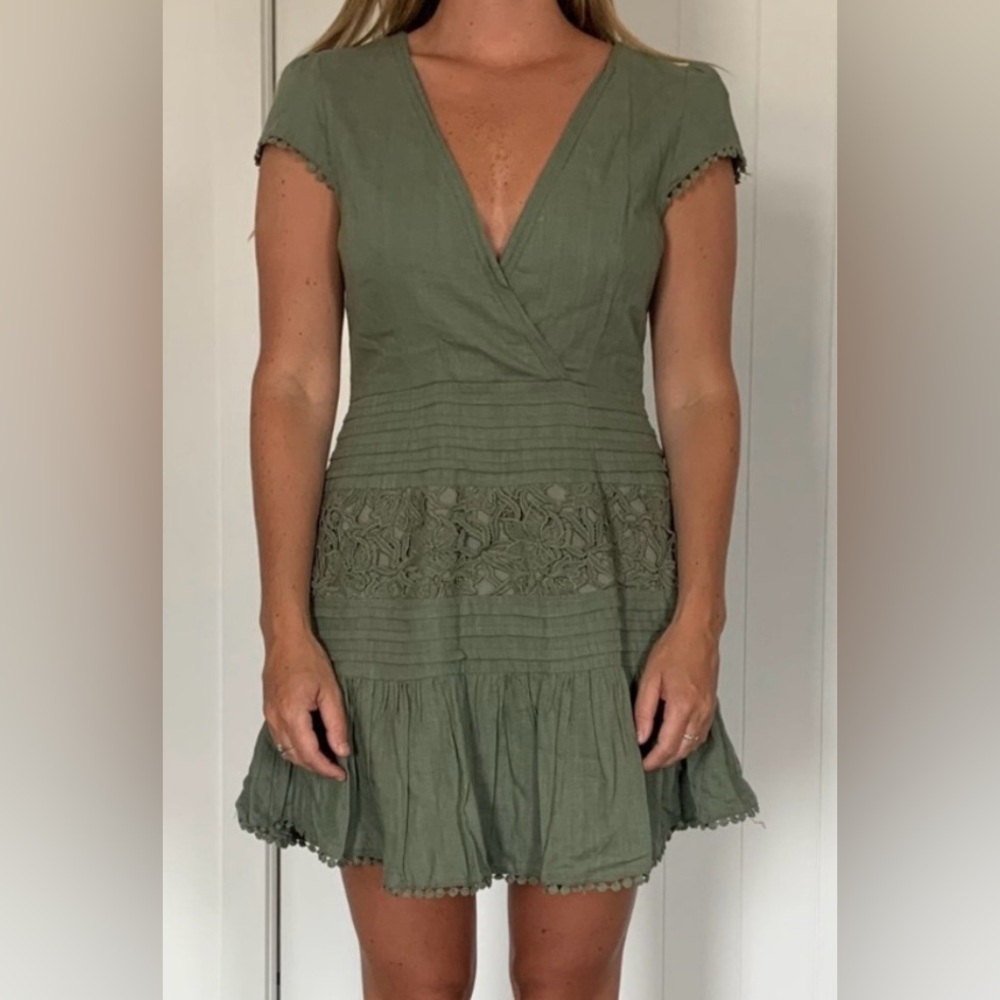 Saints + Secrets Linen Mini Dress Green with Floral Lace Detailing Size Medium